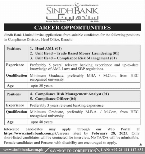 Sindh Bank Limited 2025 Jobs