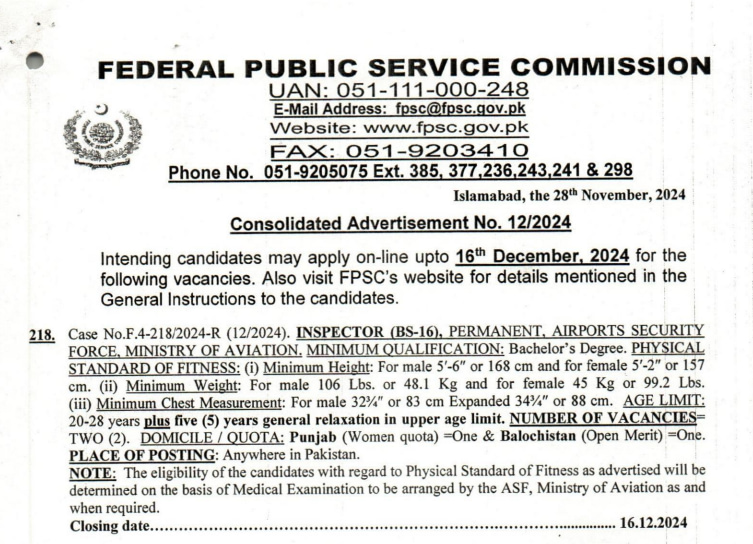 FPSC ASF Inspector 2024 ad